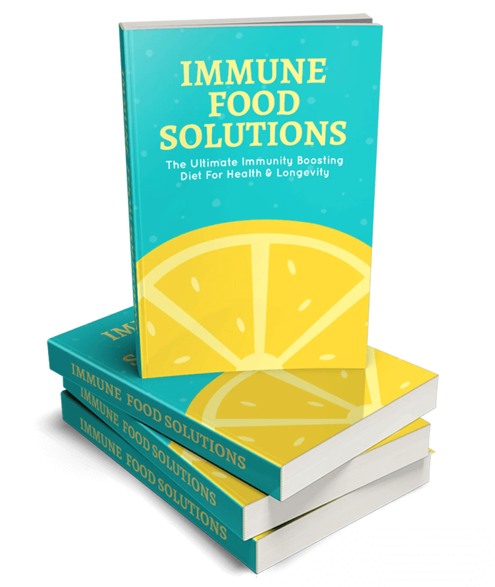 Stapel aus vier Büchern mit türkis-gelbem Cover zum Thema Immune Food Solutions