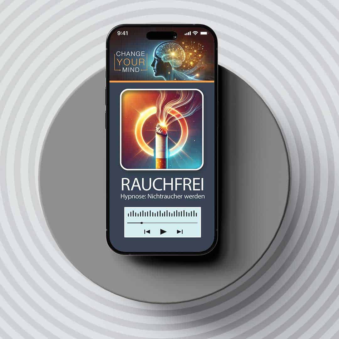 Rauchfrei Hypnose-App auf iPhone-Mockup – Rauchentwöhnung mit grauem Hintergrund