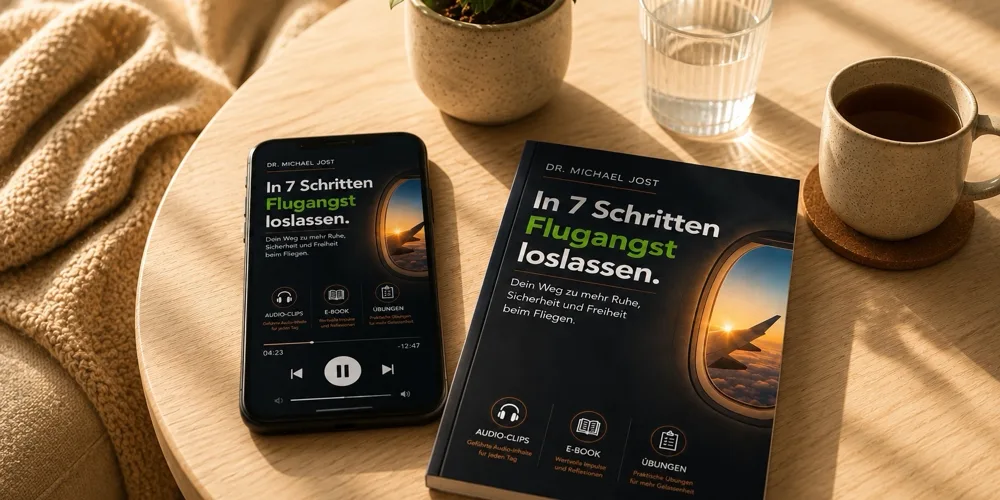 Smartphone und Buch auf Holztisch mit Kaffeetasse, Pflanze und Strickdecke, Produktabbildung des Flugangst-Kurses
