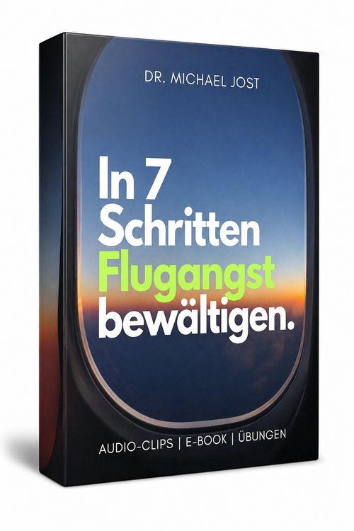 Cover des Audiokurses In 7 Schritten Flugangst bewältigen mit Flugfenster-Motiv und Sonnenuntergang
