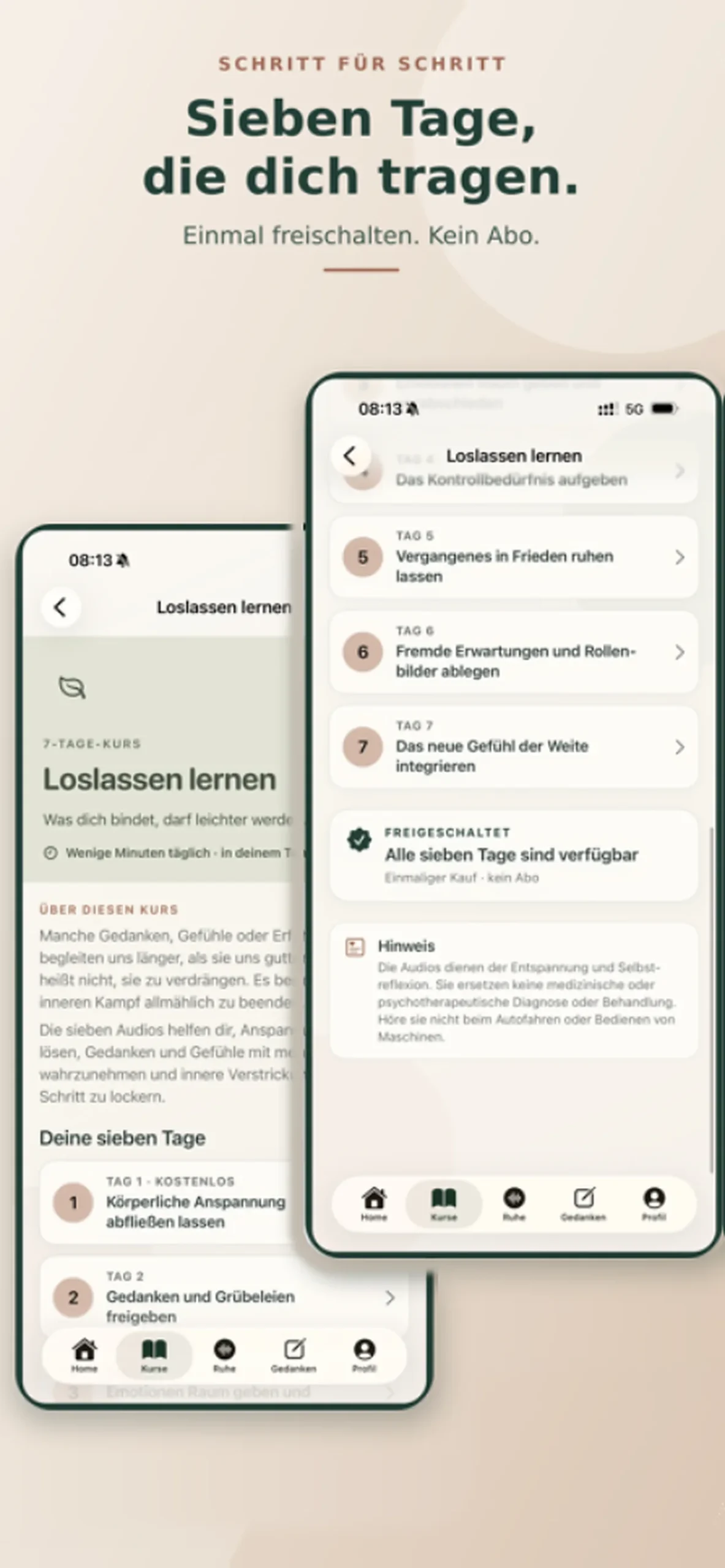Smartphone-Screenshots der Loslassen-lernen-App auf zwei Devices, Kursinhalte und Tagesübersicht