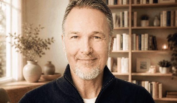 Porträt von Dr. Michael Jost, Mann mit grauem Haar und Bart vor unscharfem Bücherregal
