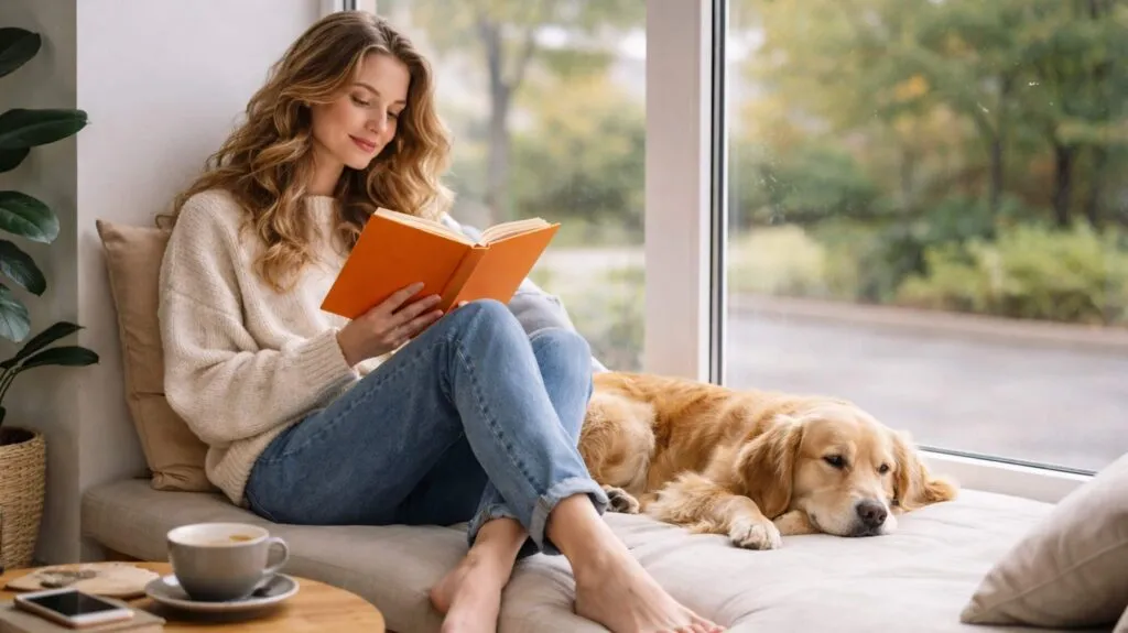 Frau liest oranges Buch beim Entspannen auf Sofa mit Hund und Kaffee