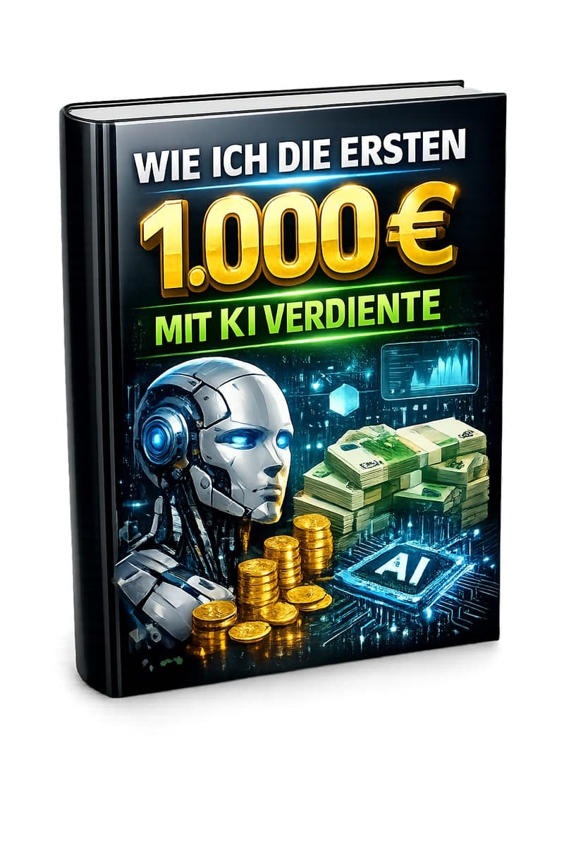 Buch-Cover "Wie ich die ersten 1.000€ mit KI verdiente" mit goldenem Text, KI-Roboter und Geldstapel