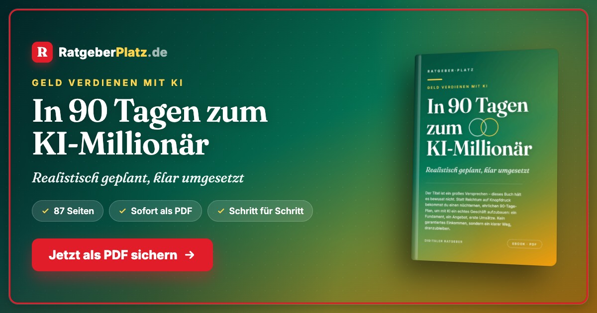 Hero-Banner mit RatgeberPlatz Logo, grünem Gradient-Hintergrund und Buch-Mockup für "In 90 Tagen zum KI-Millionär"