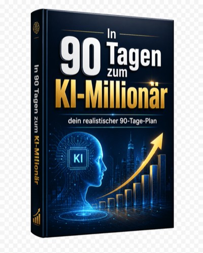 3D Buch-Mockup "In 90 Tagen zum KI-Millionär" mit blauem Cover in seitlicher Perspektive