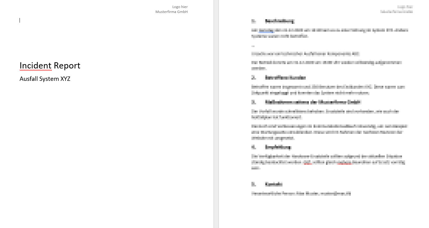 Incident Report Vorlage mit Titel und Untertitel auf linker Seite, Inhalt auf rechter Seite