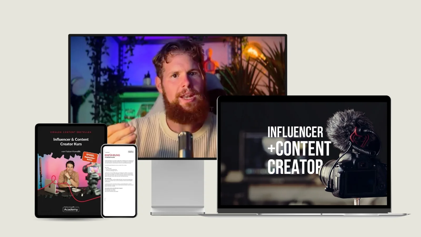 Mockup des Influencer & Content Creator Kurses auf Tablet, Smartphone und Laptop in Beige-Tönen