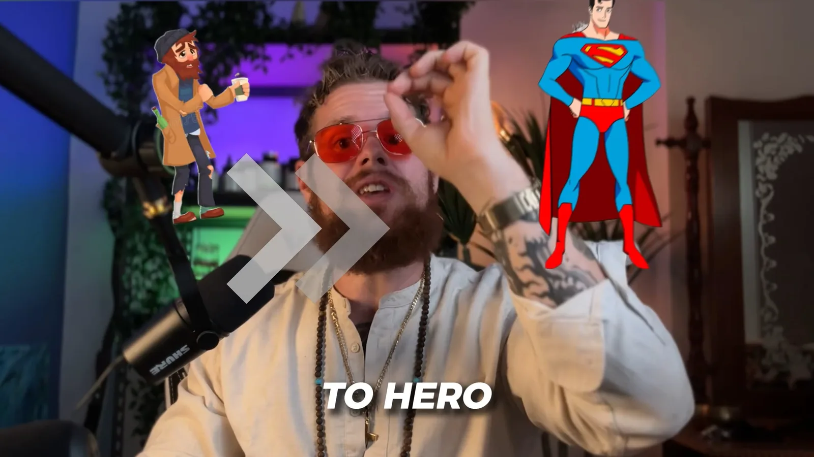 Thumbnail für Influencer & Content Creator Kurs mit animiertem Mann, Cartoon-Figuren und Pfeilen