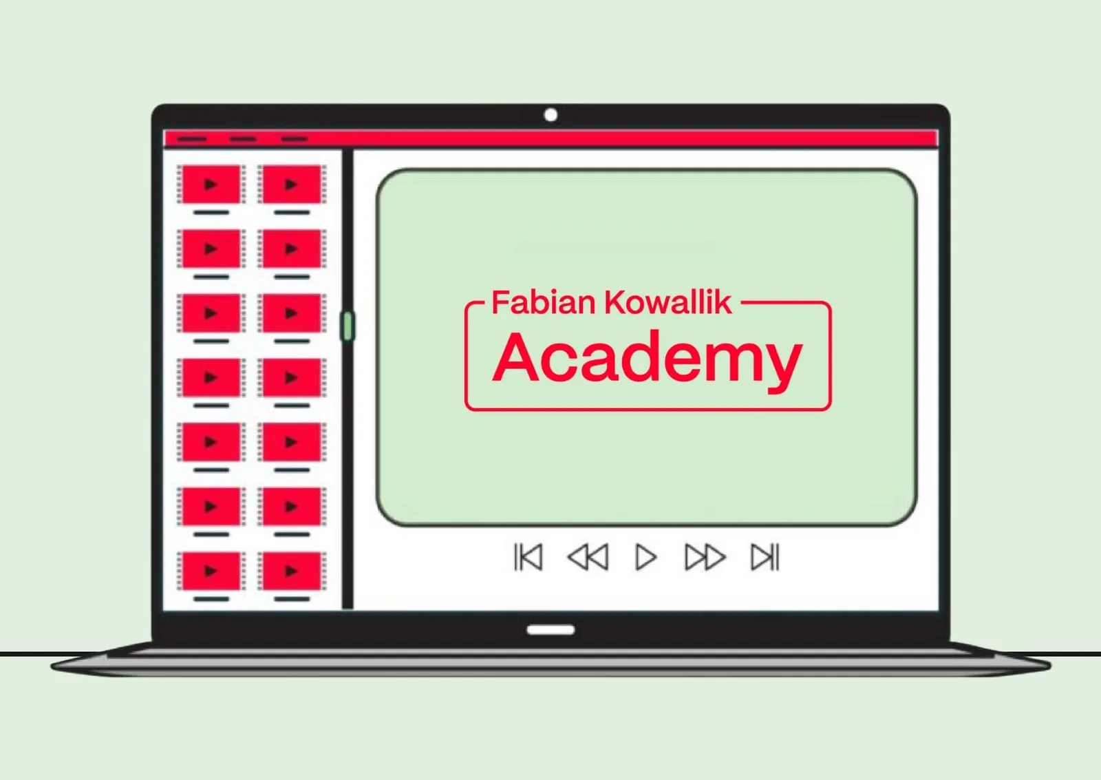 Illustration eines Laptops mit Fabian Kowallik Academy Logo und Video-Playlist für Schritt 1 des Kurszugangs
