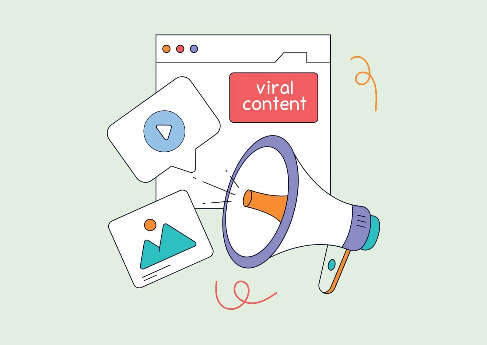 Illustration mit Lautsprecher, Megafon und Videoplayer für virale Content-Erstellung als Schritt 2