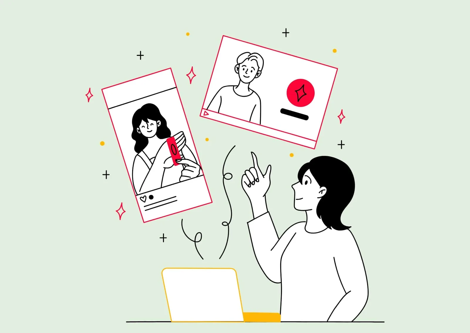 Illustration einer Frau mit Profilbildern und Herz-Symbolen zur Influencer-Entwicklung in Schritt 3