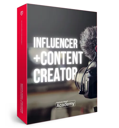 Box-Cover des Influencer & Content Creator Kurses mit rotem Rücken und Headphones-Grafik