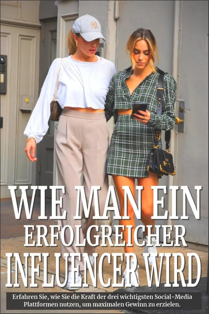 Zwei Frauen auf Straße mit Smartphone und Text zu erfolgreichem Influencer