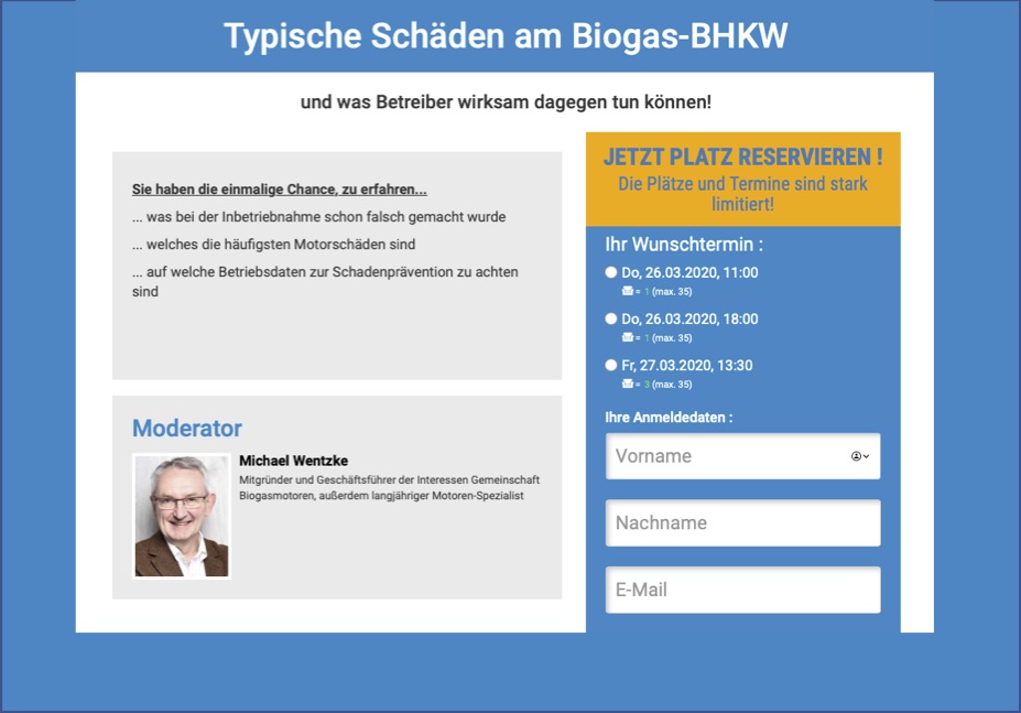 Webinar-Anmeldung zu typischen Schäden am Biogas-BHKW mit Moderator Michael Wentzke