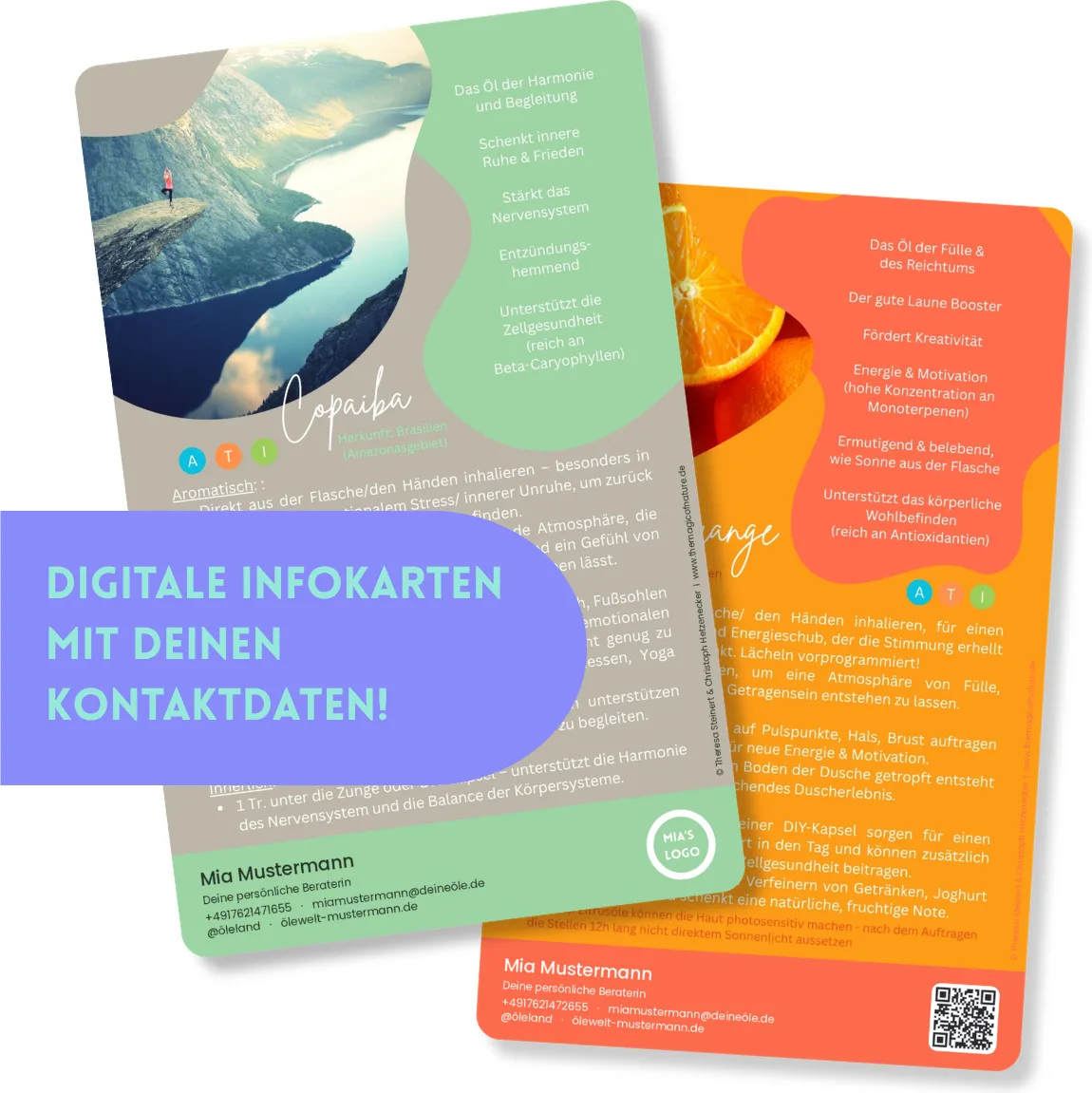 Digitale Infokarten mit personalisierten Kontaktdaten, grüne Copaiba- und rote Orange-Karte