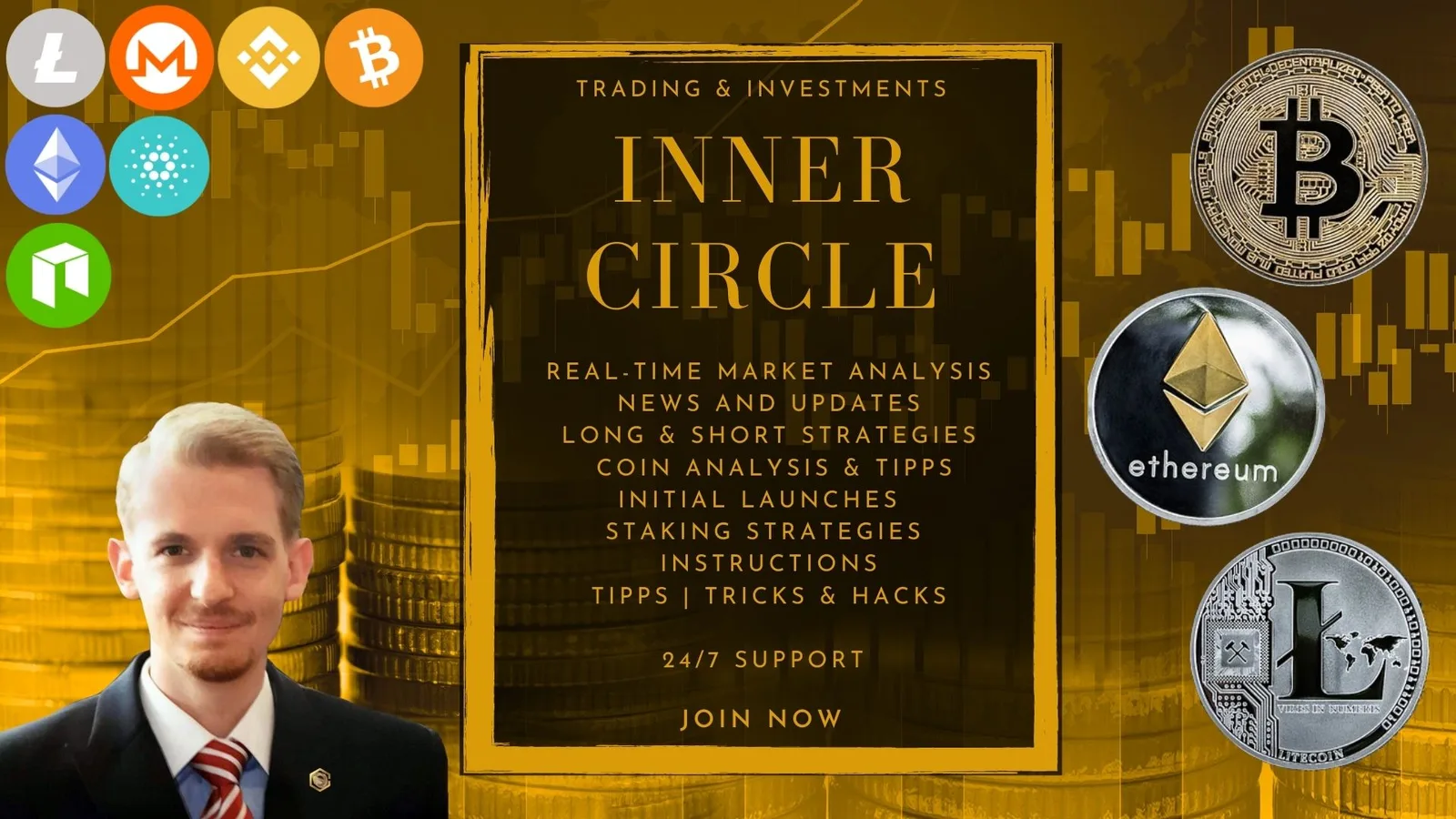 Inner Circle Mitgliedschaft – Trading & Investment Gruppe 2 Inner Circle Gruppe Hero-Banner mit Christoph Neuwirth, Kryptowährungs-Icons und goldener Bordüre