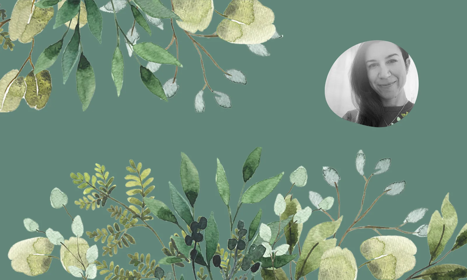 Dekorative Galerie-Grafik mit grünem Hintergrund, Blättern und kreisförmigem Foto von Cosima Sieger