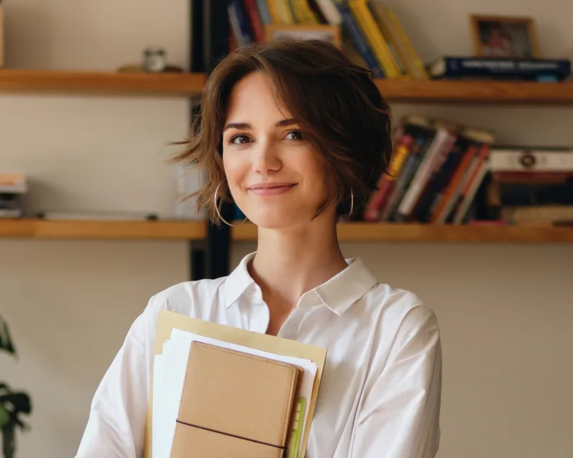 Frau in weißem Hemd hält Notizbücher vor Bücherregal, lächelt, symbolisiert Lernen und Transformation