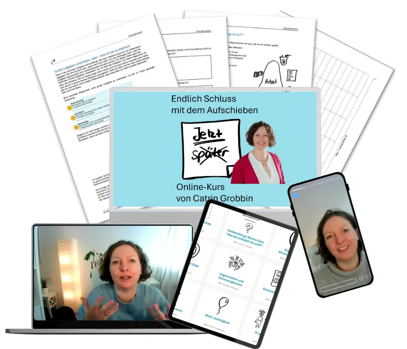 Produktabbildung Onlinekurs Endlich Schluss mit Aufschieben mit Catrin Grobbin auf verschiedenen Geräten