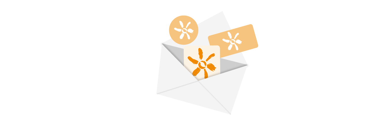 Newsletter-Anmeldungs-Grafik mit geöffnetem Umschlag und innerwise Blüten-Symbolen