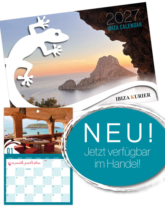 IBIZA KALENDER 2027 mit Gecko-Motiv und Verfügbarkeitsmitteilung