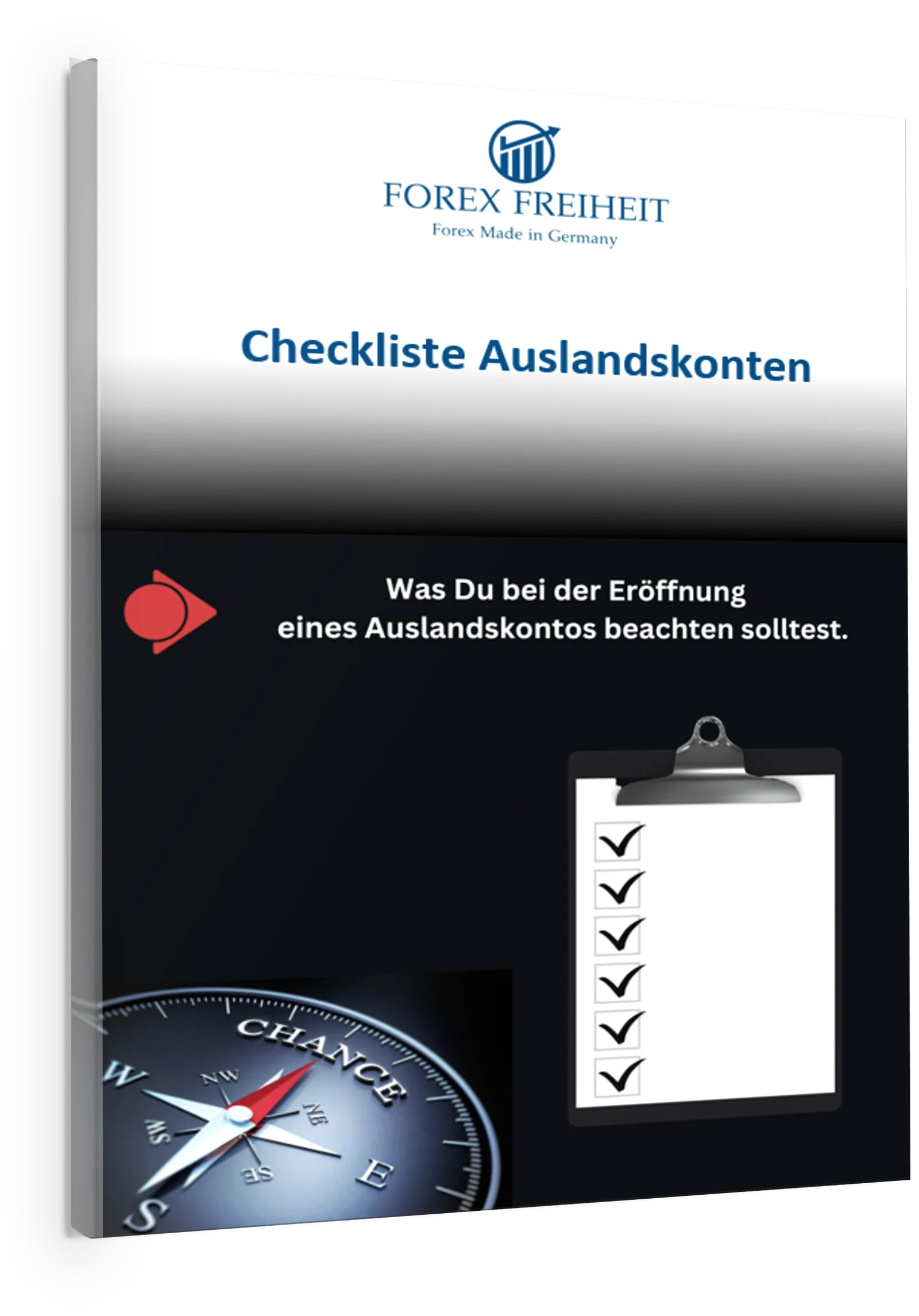 Checkliste Auslandskonten Buch-Cover mit Kompass und Klemmbrett-Grafik
