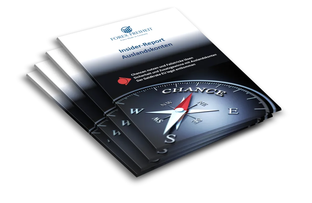 Insider-Report Auslandskonten Buch-Mockup mit Kompass-Motiv und Forex Freiheit Logo