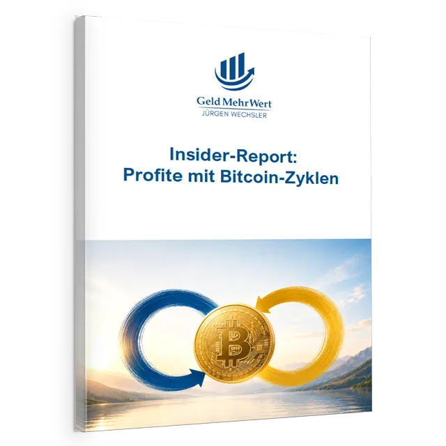 Cover des Insider-Reports Profite mit Bitcoin-Zyklen mit Geld Mehr Wert Logo und Zyklusillustration