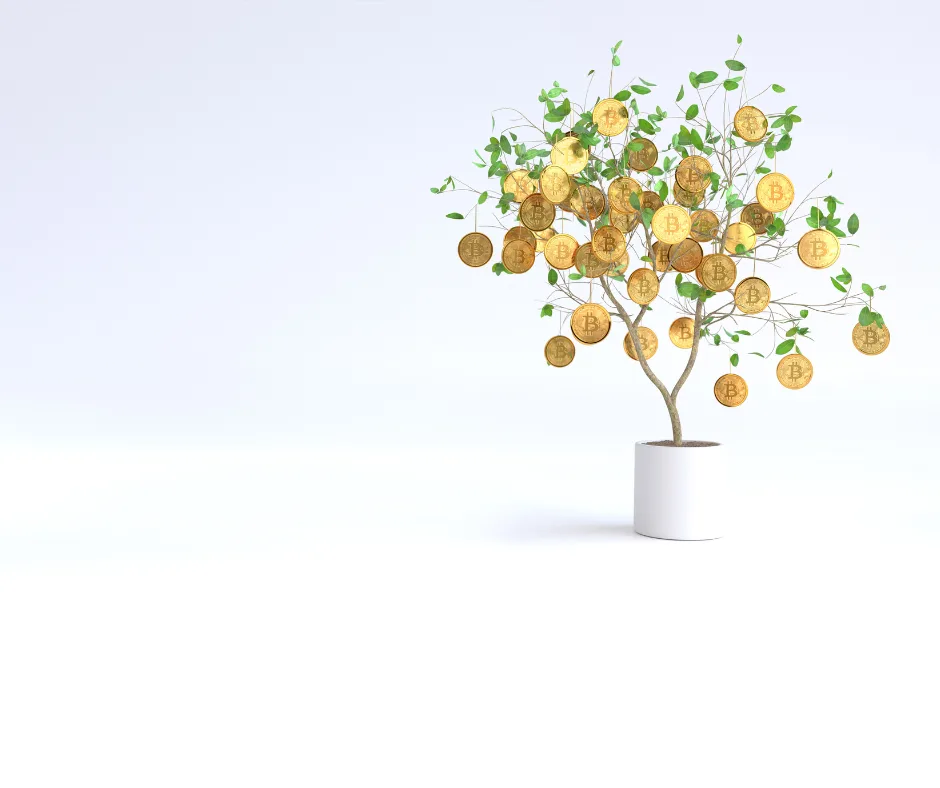 Baum mit Bitcoin-Münzen als Früchte und grünem Laub in weißem Topf