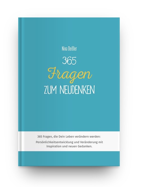 Mockup des Buches "365 Fragen zum Neudenken" in Türkis mit Goldlettern auf weißem Hintergrund