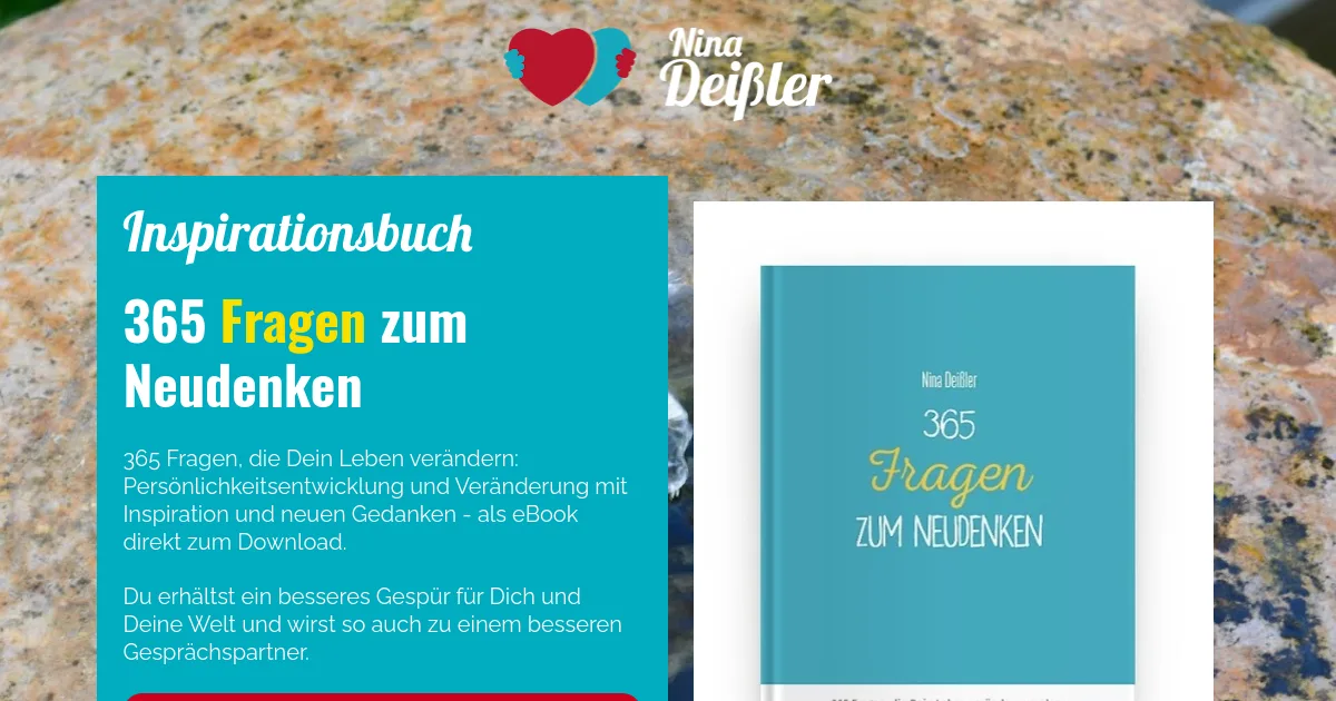 Inspirationsbuch "365 Fragen zum Neudenken" von Nina Deißler auf Steinuntergrund mit Produktbeschreibung