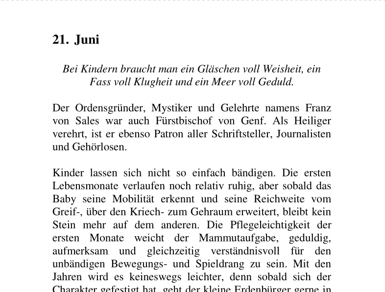 Textseite zum 21. Juni mit Zitat über Kindererziehung und Franz von Sales