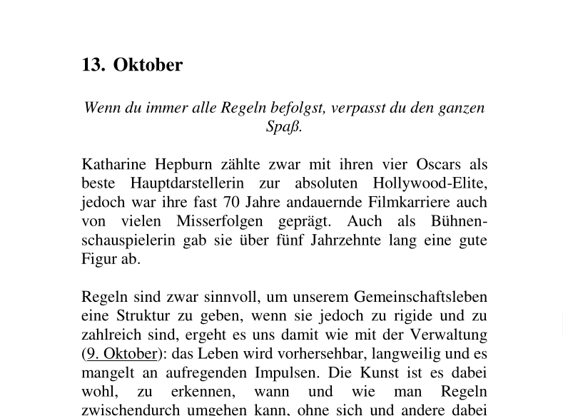 Textseite zum 13. Oktober mit Zitat über Regeln und Katharine Hepburn