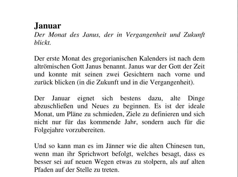 Textseite zum Januar mit Erklärung des Monatsnamens und persönlicher Entwicklung
