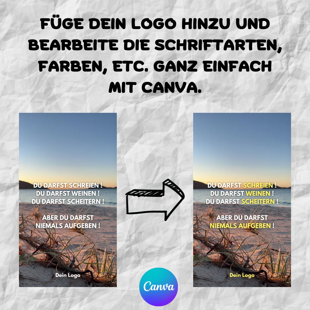Canva-Bearbeitungsanleitung mit zwei Beispielbildern einer Strandszene und Anpassungspfeilen