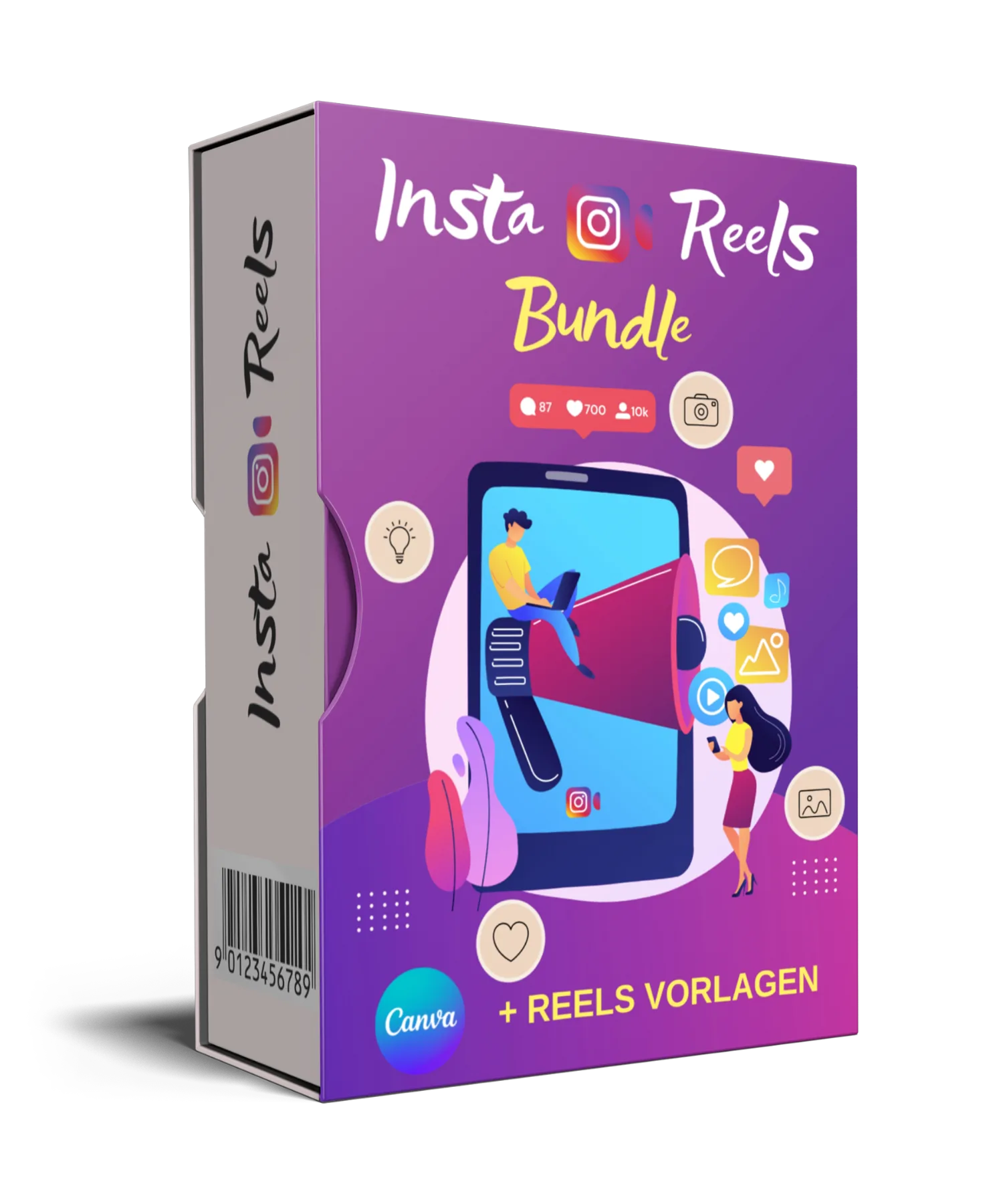 Produktbox Insta Reels Bundle mit lila Verpackung, Smartphone-Mockup und Instagram-Icons