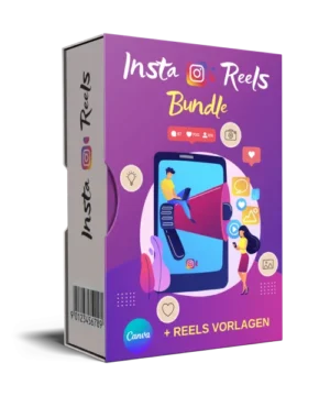 Insta Reels Bundle Produktbox mit lila Design, Smartphone und Instagram-Elementen