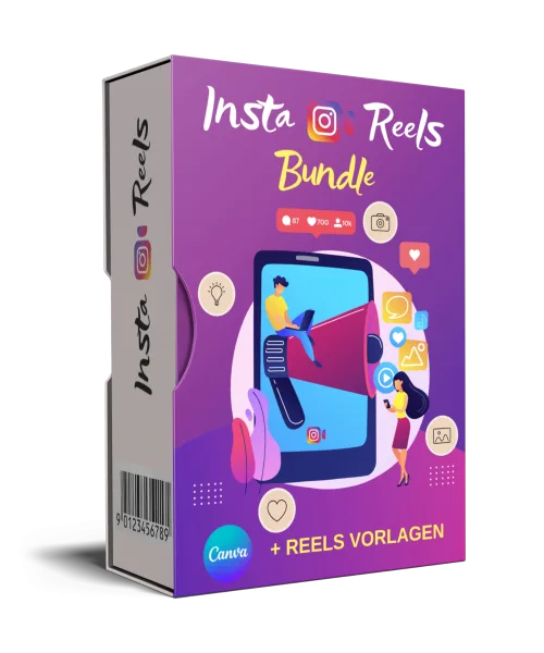 Insta Reels Bundle Produktbox mit lila Design, Smartphone und Instagram-Elementen