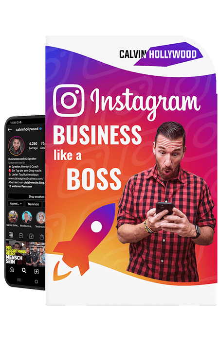 Produktbox-Mockup von Instagram Business like a Boss mit Smartphone-Preview und vibrantem Gradient-Design