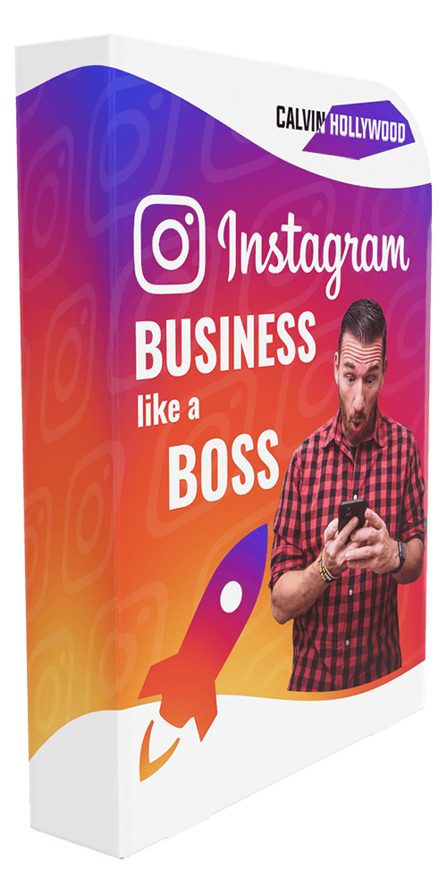 3D-Box-Mockup des Videokurses Instagram Business like a Boss mit Farbverlauf und Raketen-Grafik