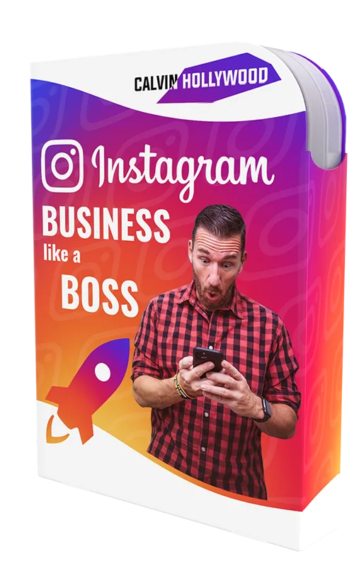 3D-Box-Mockup Videokurs Instagram Business like a Boss mit Farbverlauf, Rakete und Calvin Hollywood Portrait
