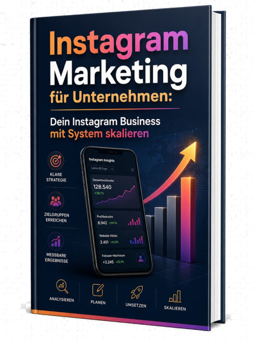 Instagram Business skalieren – E-Book zur Kundengewinnung 3 Mockup Instagram Marketing für Unternehmen E-Book mit Smartphone und Diagrammen