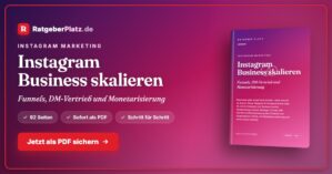 Hero-Banner Instagram Marketing für Unternehmen mit Ratgeberplatz Logo und PDF-Ratgeber-Cover