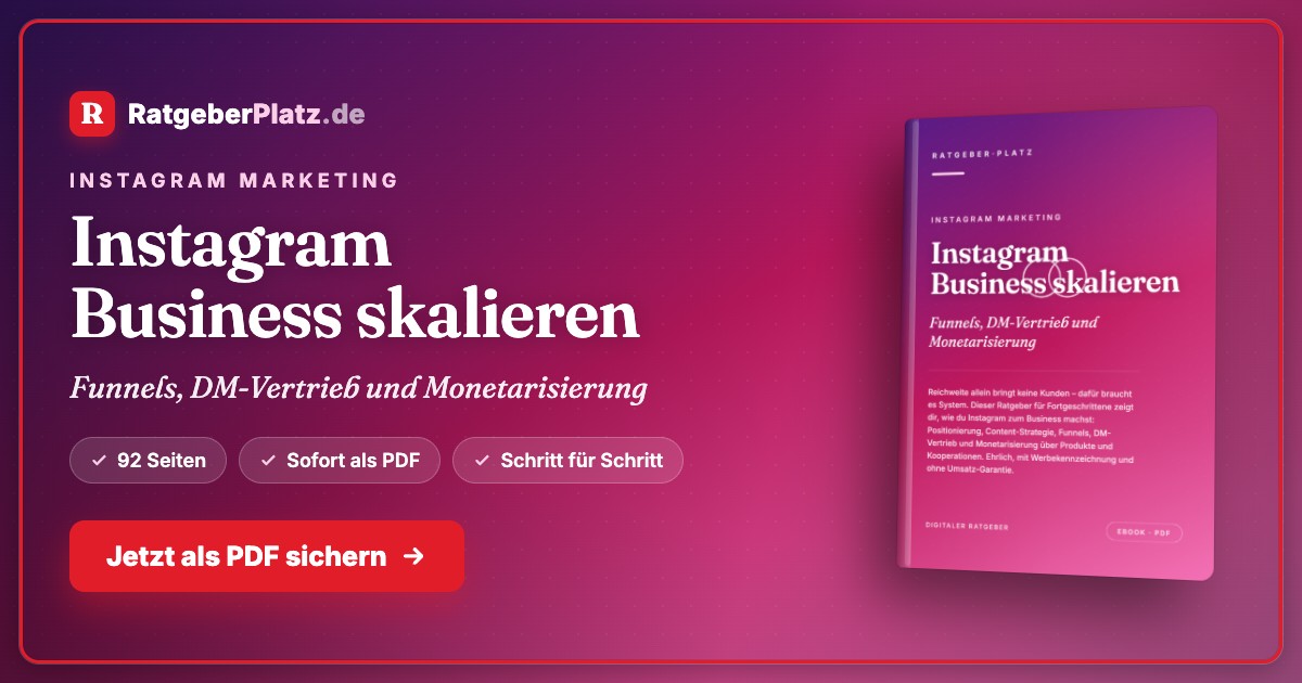 Instagram Business skalieren – E-Book zur Kundengewinnung 1 Hero-Banner Instagram Marketing für Unternehmen mit Ratgeberplatz Logo und PDF-Ratgeber-Cover