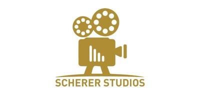 Scherer Studios Logo – Filmkamera mit Filmrollen in Gold