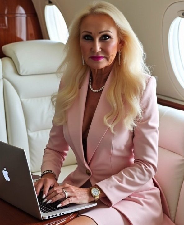 Frau im rosa Blazer sitzt im Flugzeug mit Laptop – Geschäftsporträt