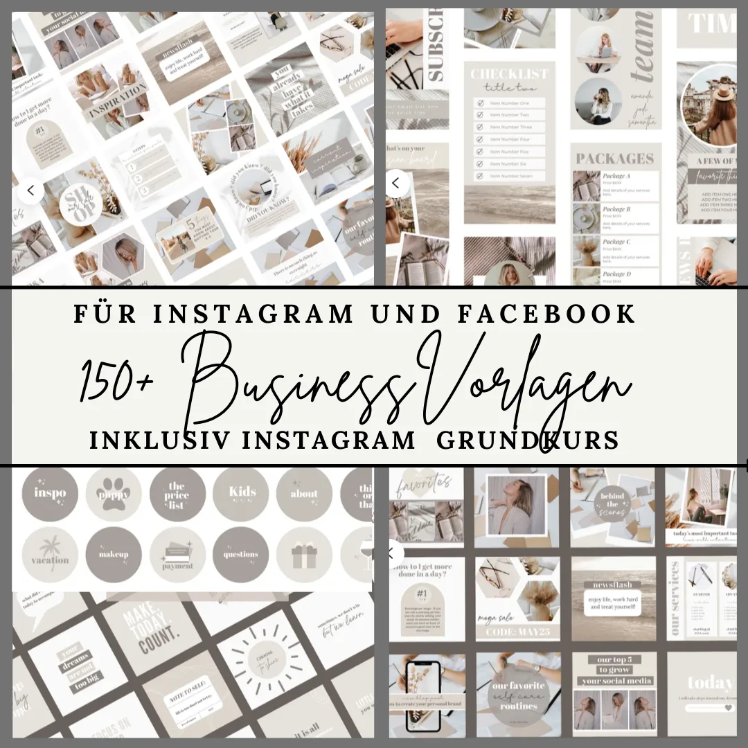 Instagram Business Vorlagen Canva – 150+ Vorlagen in Beige und Weiß mit Checklisten, Paketen und Highlights