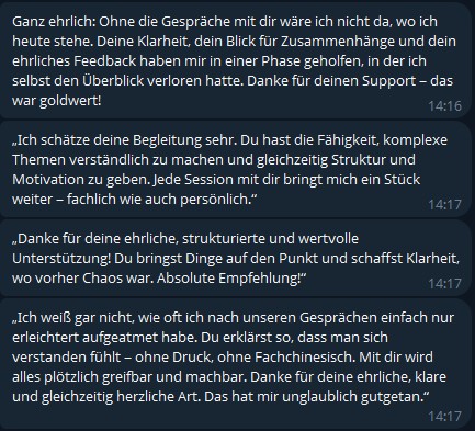 Textzeugnis von Klaus mit mehreren Nachrichten über Klarheit und Struktur