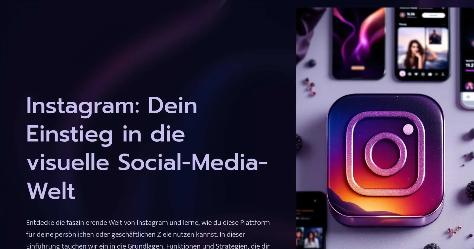 Instagram: Dein Einstieg in die visuelle Social-Media-Welt 2 Hero-Banner mit Instagram-Logo und Smartphones, zeigt Instagram-Interface und Kurs-Titel